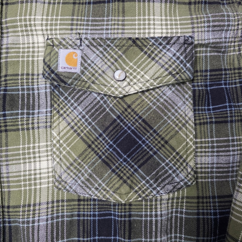 Carhartt Pearl Snap Plaid Flannel Shirt Mens XXL 2XL Green Rugged Cowboy Rodeo - Picture 7 of 10